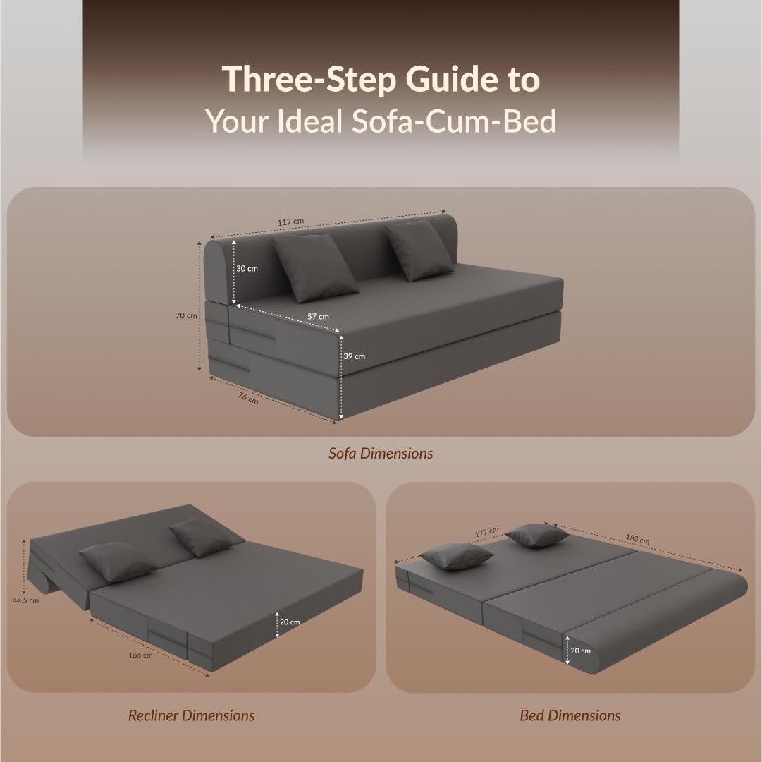 SleepyHug FoldPRO Sofa-Cum-Bed | 3-in-1 Convertible Sofa, Lounger & Bed | TouchSense Technology | HR Foam | Lightweight | 3-Seater | Double Bed | Without Pillow | Grey, 1-Year Warranty - View 2